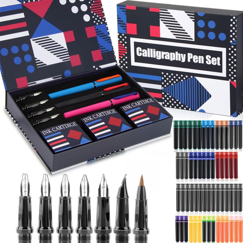 DTianSir Calligraphy Pen Set,Fountain Pens with 7 Different Replaceable Nibs with 60 Ink Cartridges(12 Colors),Calligraphy Set for Beginner Writing Drawing - Image 1
